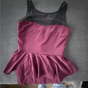 Aqua Wine Peplum Blouse with Sheer Black Detail